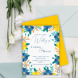 Brölloksinbjudan till chic Trendig Blue Gult Blomm Vykort