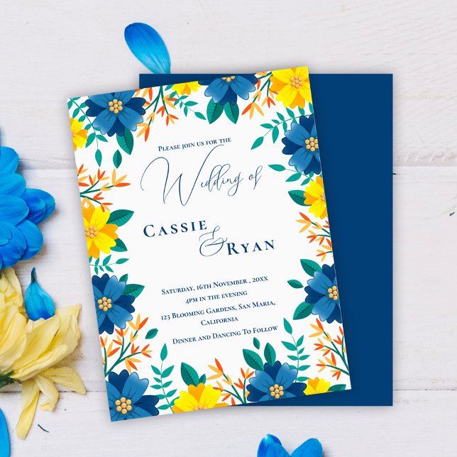 Brölloksinbjudan till chic Trendig Blue Gult Blomm Vykort (Chic Trendy Blue Yellow Floral Wedding Invitation Postcard)
