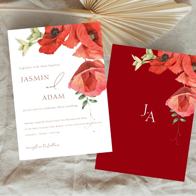 Brölloksinbjudan till Crimson Red Poppy Blommigt Inbjudningar (Simple Crimson Red Poppy Floral Wedding Invitation)