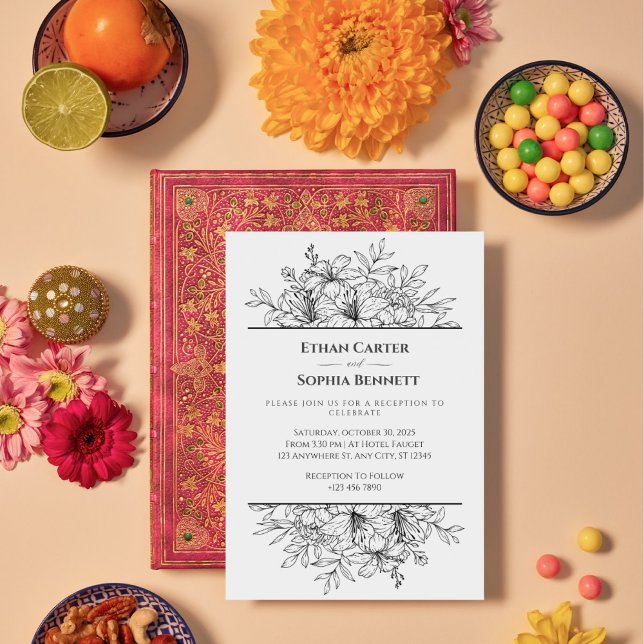 Brölloksinbjudan till elegant Black & White Blommi Inbjudningar (Skapare uppladdad)