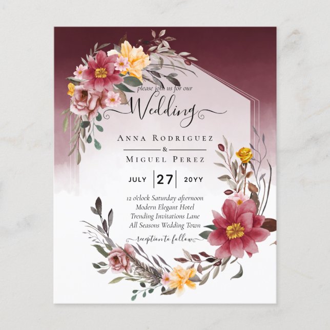 Brölloksinbjudan till elegant Burgundy Fall Blommi Flygblad (Framsidan)