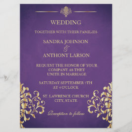 Brölloksinbjudan till elegant Guld och Lila Damask Inbjudningar