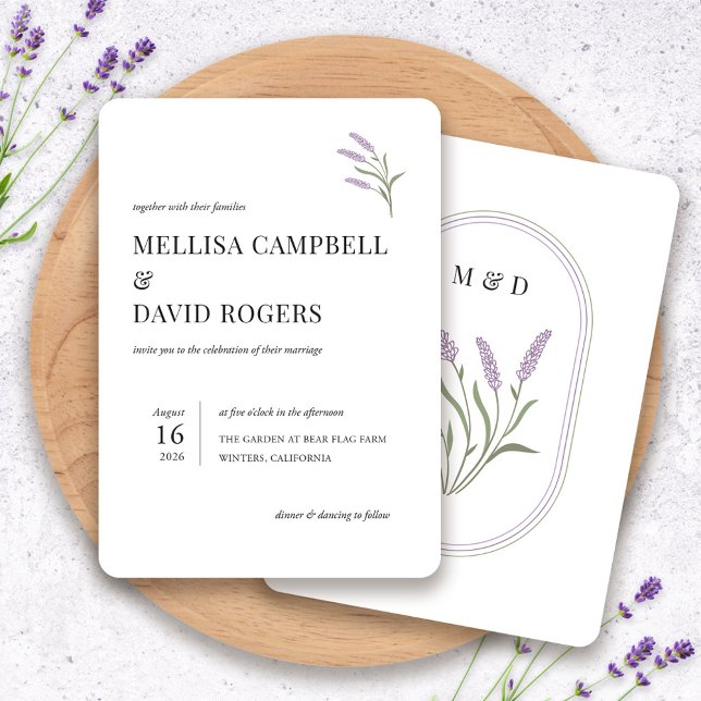 Brölloksinbjudan till elegant Lavender Blommigt Inbjudningar (Elegant Lavender Floral Wedding Invitation by Fiesta Valley Print)
