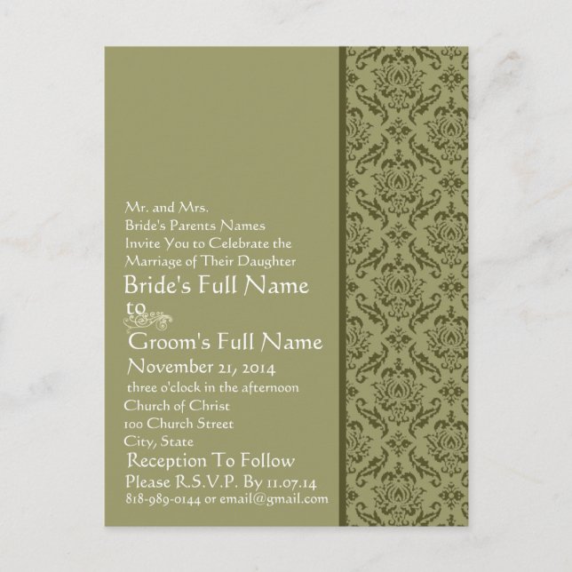 Brölloksinbjudan till elegant Olive & White Damask Inbjudan Vykort (Framsida)