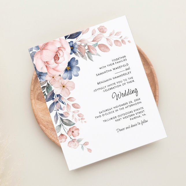 Brölloksinbjudan till elegant Rosa Blommigt  (Blush Pink Floral Script Elegant Wedding Budget Invitation)