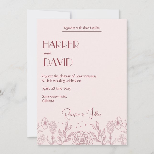 Brölloksinbjudan till elegant Rosa Blommigt  Line Inbjudningar (Framsida)