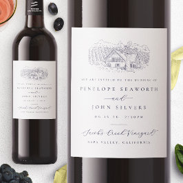 Brölloksinbjudan till elegant Vineyard Illustratio Vinflaska Etikett