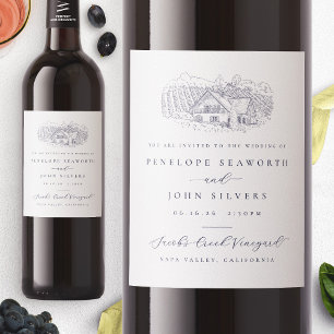 Brölloksinbjudan till elegant Vineyard Illustratio Vinflaska Etikett