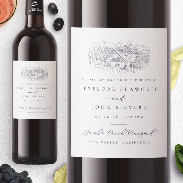 Brölloksinbjudan till elegant Vineyard Illustratio Vinflaska Etikett (Elegant Vineyard Illustration Wedding Invitation Wine Label)