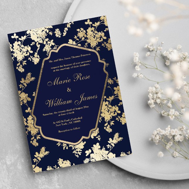 Brölloksinbjudan till elegantens marinorganisation inbjudningar (Elegant navy blue gold floral Wedding)