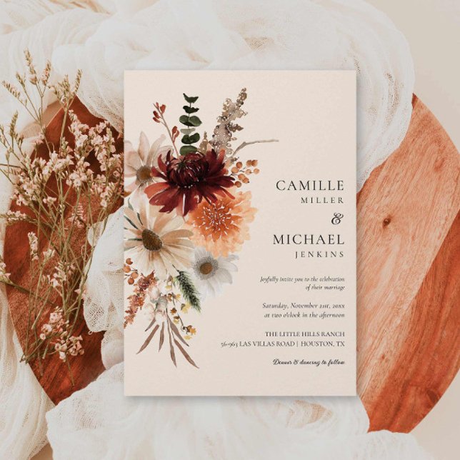 Brölloksinbjudan till elegantens misslyckade Blomm Inbjudningar (Burgundy Wildflower Wedding Invitation)