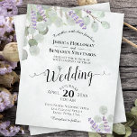 Brölloksinbjudan till eukalyptus och Lavender BUDG<br><div class="desc">Dessa inbjudningar till budgetbröllop har en rustik boho-chic med handmålad eucalyptus löv och sprit av lavender & trädgårdsgrey på en marmorerad blek teal bakgrund, på en pris som inte bryter banken. Skrivningen görs i lacy script calligraphy. Baksidan har en bukett av eukalyptus och lavender bunden med en vit buk. Snyggt...</div>