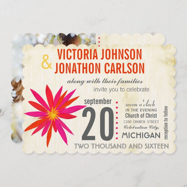 Brölloksinbjudan till fotoOrange Rosa Modern Daisy Inbjudningar (Fram/baksida)