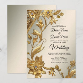 Brölloksinbjudan till Golden Vågigt Lövs Blommigt  Inbjudningar