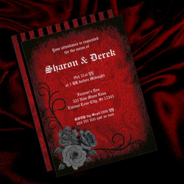 Brölloksinbjudan till Gothic Deep Red Black Ro Inbjudningar (Skapare uppladdad)