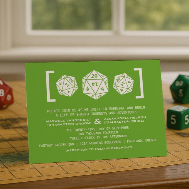 Brölloksinbjudan till grönt D20 Dice Gamer Wedding Inbjudningar (Green D20 Dice Gamer Wedding Invitation)