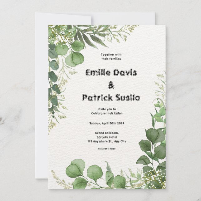 Brölloksinbjudan till grönt White-illustrerad Blom Inbjudningar (Framsida)