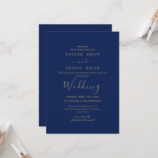 Brölloksinbjudan till guld Calligraphy Navy Weddin Inbjudningar (Fram/Back In Situ)