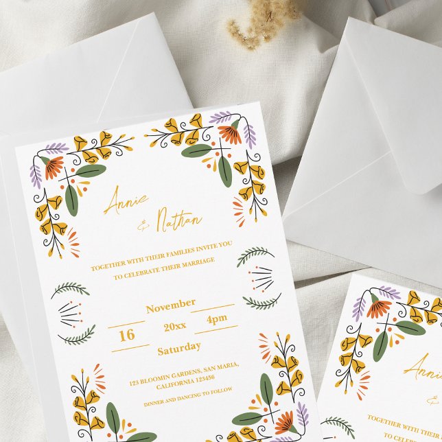 Brölloksinbjudan till Hand plockade gult Blommigt  (Hand Drawn yellow Floral Frame Wedding Invitation)