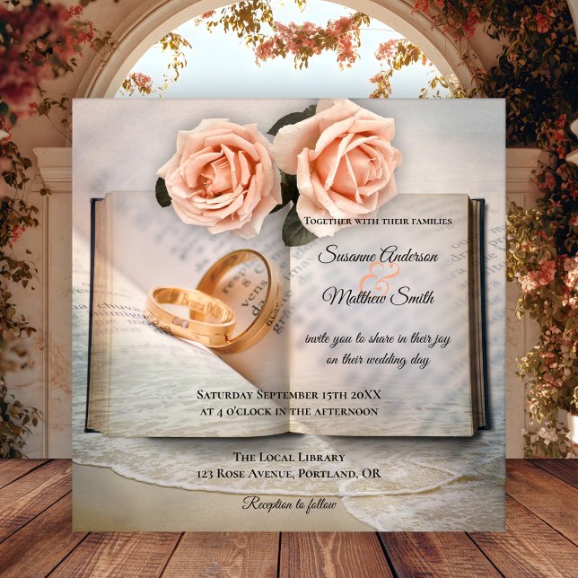 Brölloksinbjudan till Kärlek Story Dream Bok Inbjudningar (Wedding invitation featuring books with roses and wedding rings with a dream beach overlay)