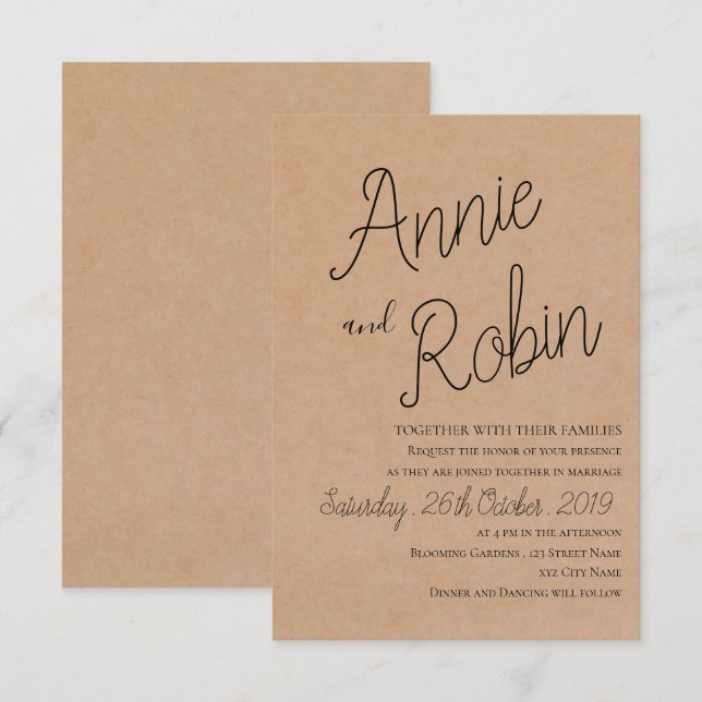 Brölloksinbjudan till Kraft Papper Anpassningsbar- Inbjudningar (Fram/baksida)