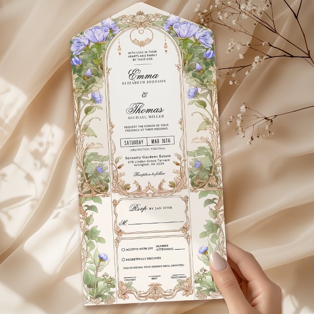 Brölloksinbjudan till lila Guld Blommigt Ram (Skapare uppladdad)