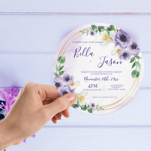 Brölloksinbjudan till lila Vita Blommigten Guld Ra