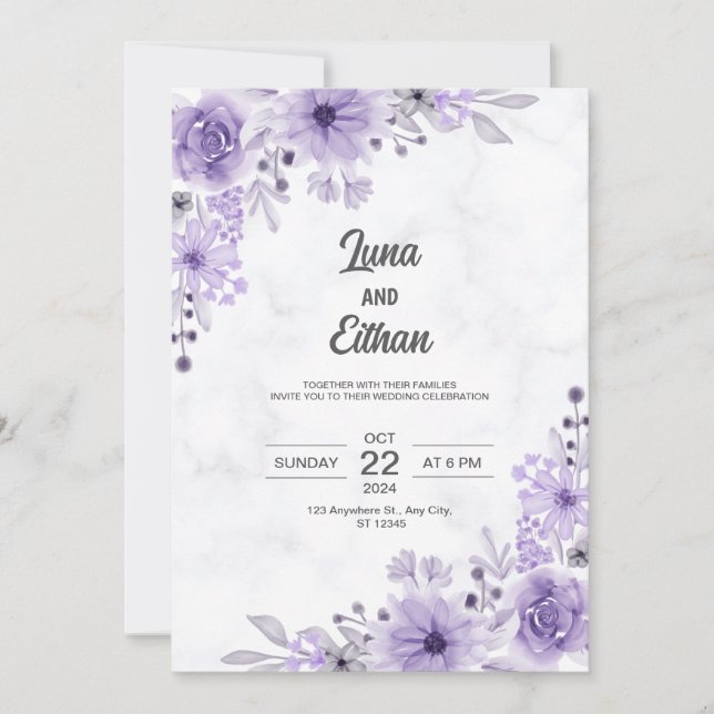 Brölloksinbjudan till modern minimalistisk Lila-Bl Inbjudningar (Framsida)