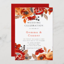 Brölloksinbjudan till mörk Red and Orange Blommigt