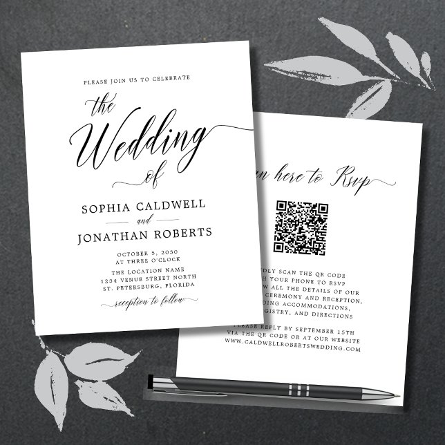 Brölloksinbjudan till OSA av QR-kod för budgeterad (Budget Double Sided Wedding Invitation Elegant Calligraphy QR Code RSVP)