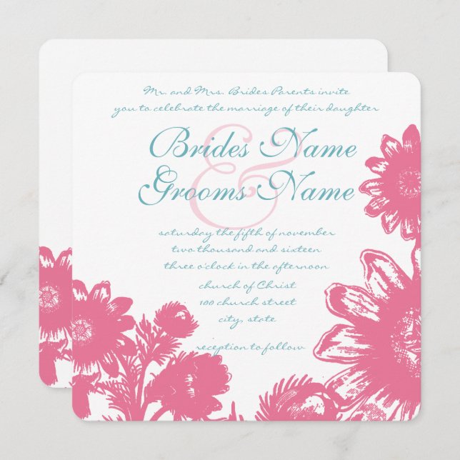 Brölloksinbjudan till Pulver Blue & Rosa Vintage B Inbjudningar (Fram/baksida)