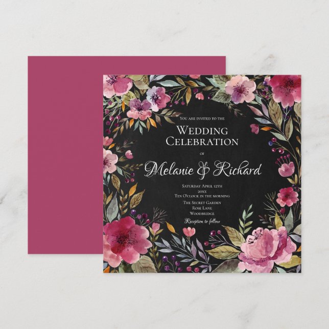Brölloksinbjudan till  Rosa Blommigt Chalkboard Inbjudningar (Fram/baksida)