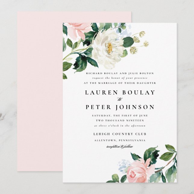 Brölloksinbjudan till  Rosa Blommigt  Inbjudningar (Fram/baksida)