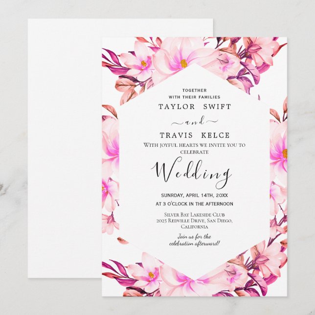 Brölloksinbjudan till  Rosa Blommigt  Inbjudningar (Fram/baksida)