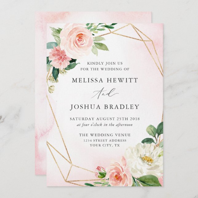 Brölloksinbjudan till rosa & Guld Geometric Blommi Inbjudningar (Fram/baksida)