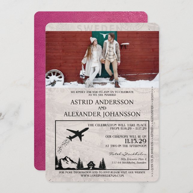 Brölloksinbjudan till Rosa magenta Sverige Passpor Inbjudningar (Fram/baksida)