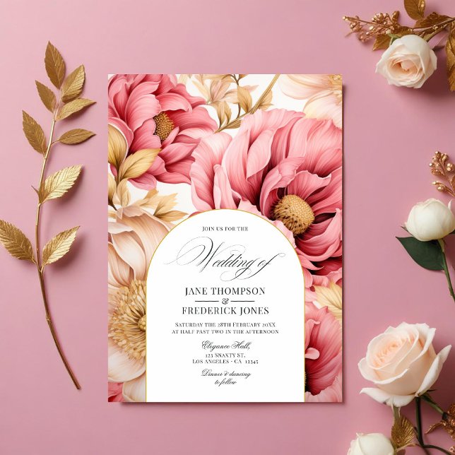 Brölloksinbjudan till rosa och Guld Blommigt Inbjudningar (Pink and Gold Floral Wedding Invitation)