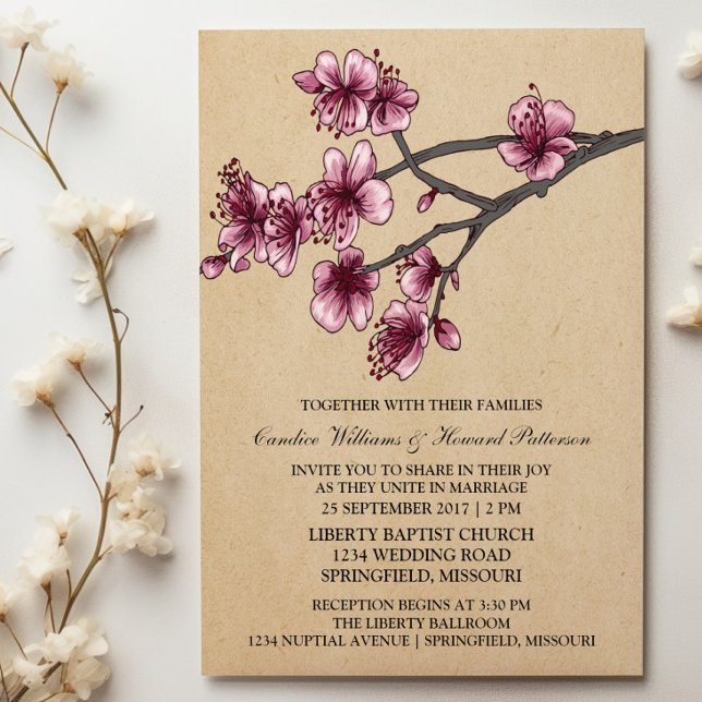 Brölloksinbjudan till rosa Vintage Cherry Blommars Inbjudningar (Pink Vintage Cherry Blossoms Wedding Invite)
