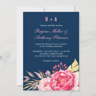Brölloksinbjudan till royal Blue Rosa Blomsterträd Inbjudningar