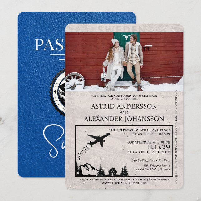 Brölloksinbjudan till Royal Blue Sverige Passport  Inbjudningar (Fram/baksida)