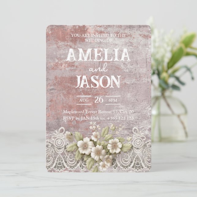 Brölloksinbjudan till Shabby chic Rosa Paint Snöre Inbjudningar (Stående Fram)