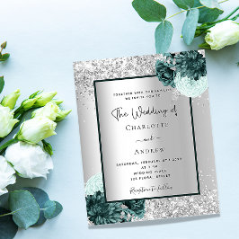 Brölloksinbjudan till Silver grönt blommigt budget Flygblad
