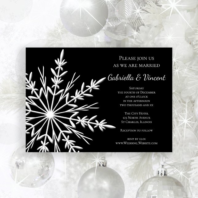 Brölloksinbjudan till svartvitt snöflingor Vinterb Inbjudningar (Invite guests to your wintery marriage with the Black White Snowflake Winter Wedding Invitation.)