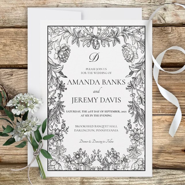 Brölloksinbjudan till svartvitt Vintage Blommigt Inbjudningar (Skapare uppladdad)
