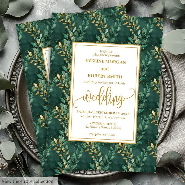 Brölloksinbjudan till tidslös Emerald Grönt Guld L Inbjudningar (Timeless Emerald Green Gold Leaves Wedding Invitation)