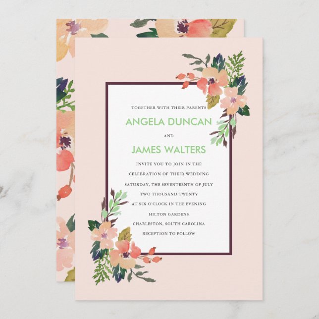 Brölloksinbjudan till vattenfärgsblommor inbjudningar (Fram/baksida)