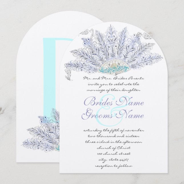 Brölloksinbjudan till vintage Feather Fläkt Inbjudningar (Fram/baksida)