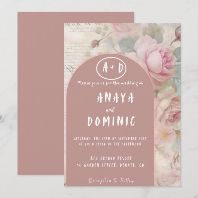 Brölloksinbjudan till vintage Rosa Blommigt  Inbjudningar (Fram/baksida)