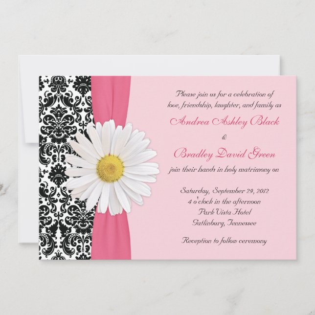 Brölloksinbjudan till vit Daisy Rosa Black Damask Inbjudningar (Framsida)
