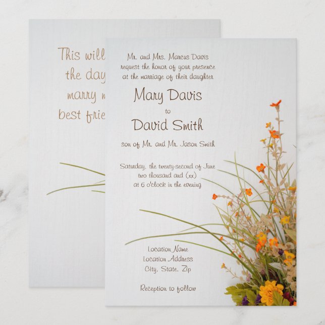 Brölloksinbjudan till vitträblommor inbjudningar (Fram/baksida)